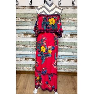 Flying Tomato Women's Maxi Dress Size S Red Multi Floral Off-The-Shoulder Ruffle